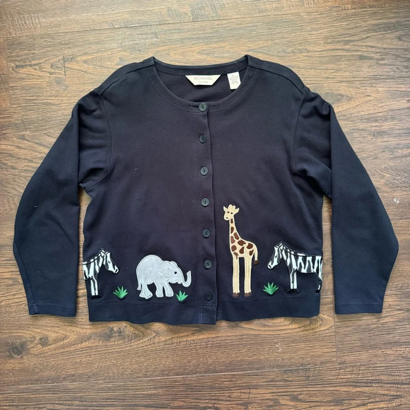 Bechamel Safari Animal Embroidered Button Cardigan Sweater Black Womens Petite L - Picture 1 of 5
